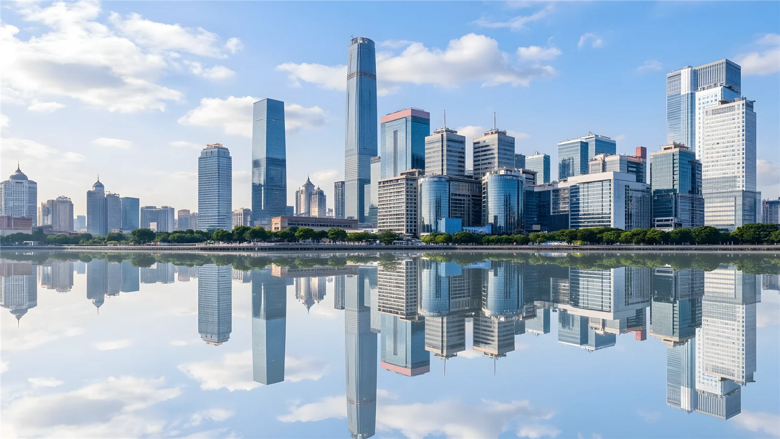 蓝天白云下的滨水城市建筑群，象征集团所在的国际网络枢纽